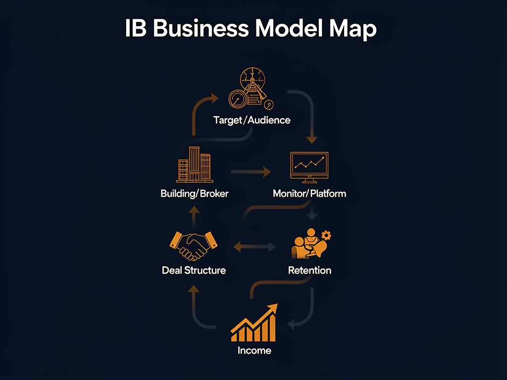 IB Business Model Map - Visual showing the 6 key steps: Audience, Broker, Platform, Deal Structure, Retention, and Income